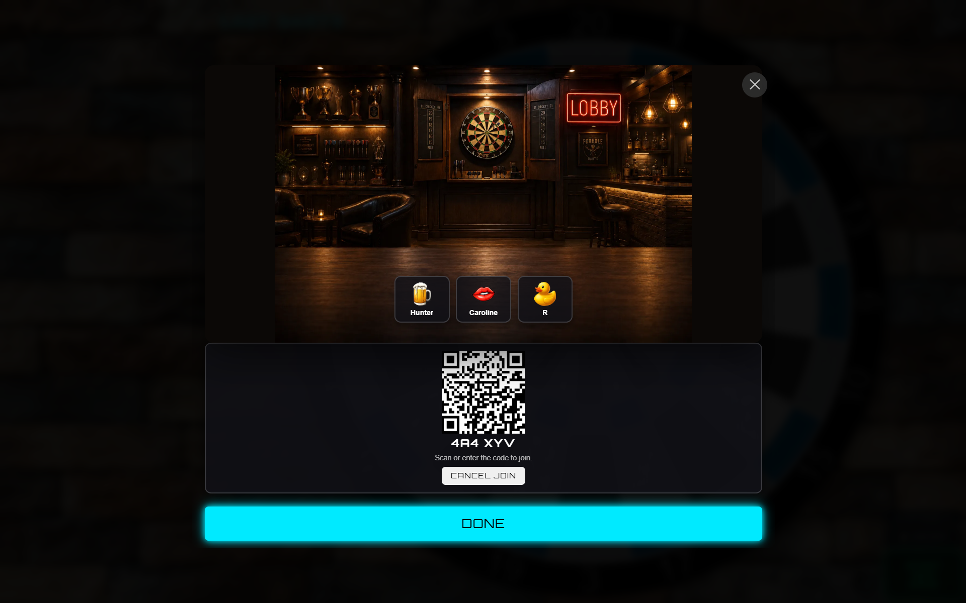 Foxhole Darts hosted board and player join screen