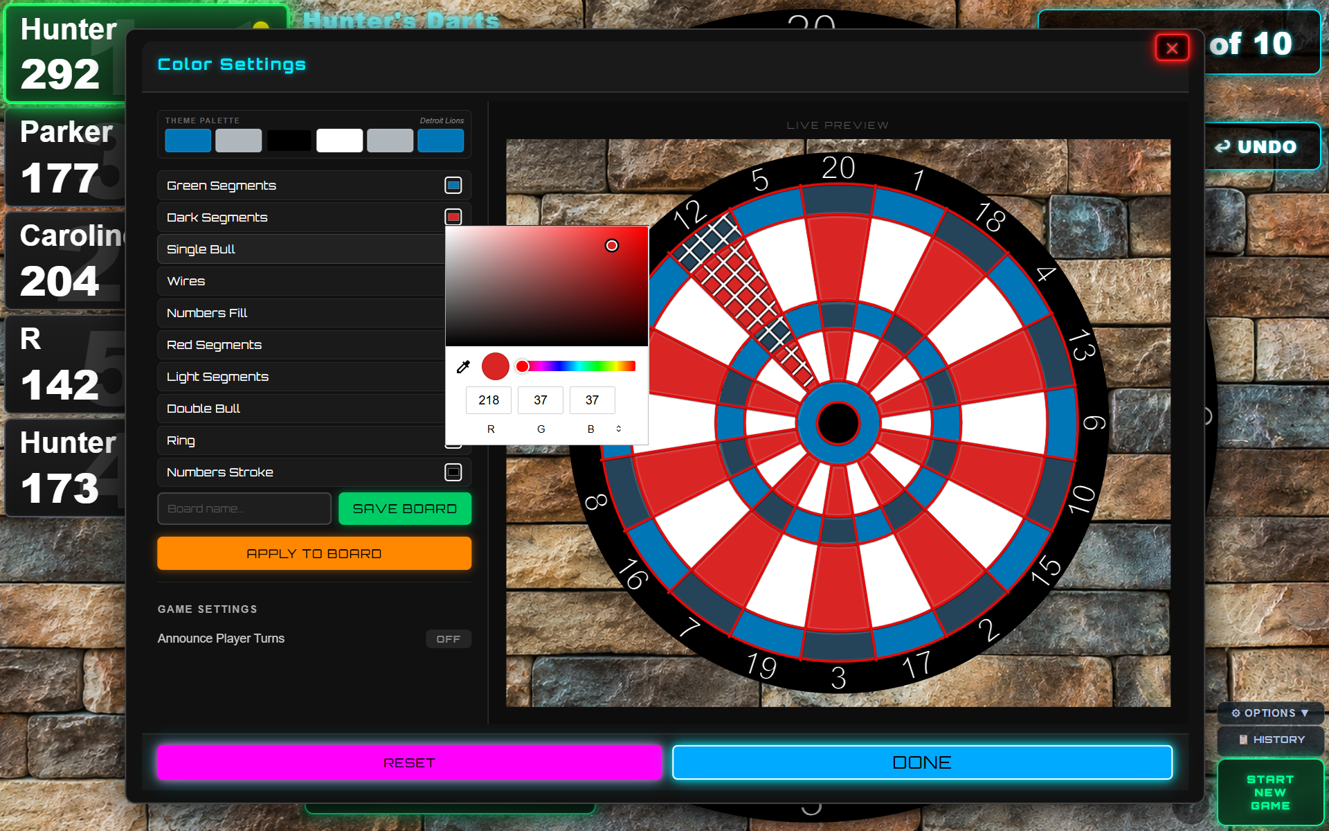 Foxhole Darts wall and theme picker screen